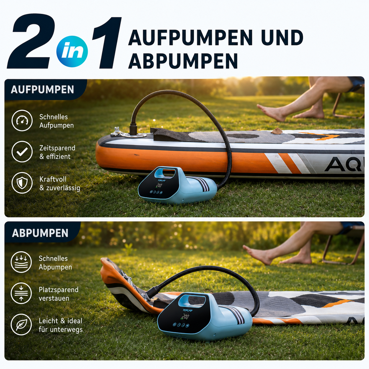 TOPUMP Akku-Luftpumpe bis 20 PSI für SUP, Kajak & Schlauchboot