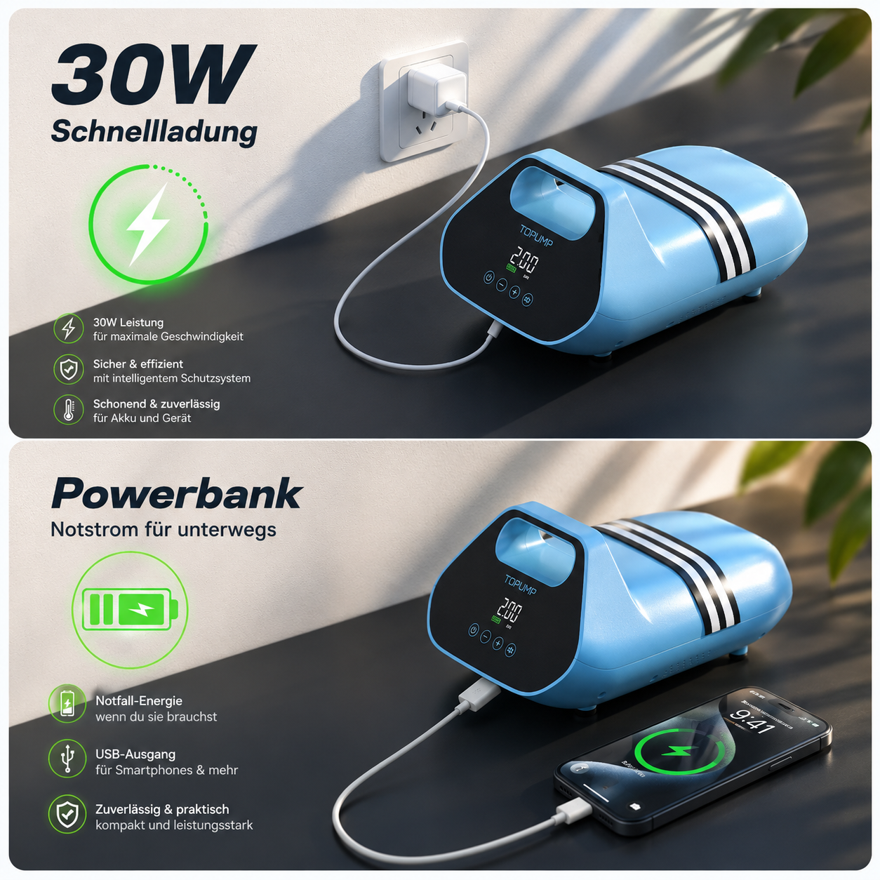 TOPUMP Akku-Luftpumpe bis 20 PSI für SUP, Kajak & Schlauchboot