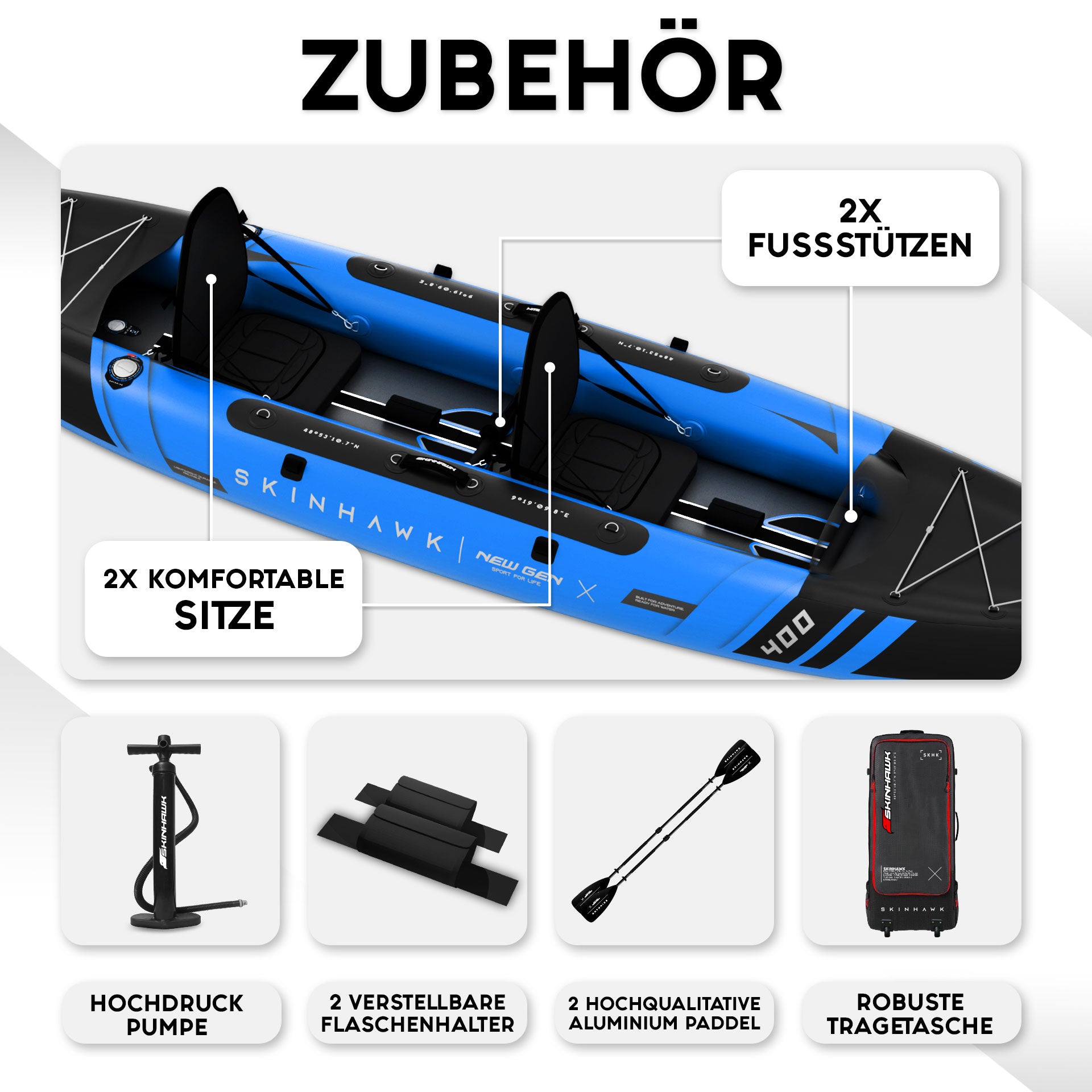 SKINHAWK PRESTIGE ZWEIER KAJAK 400CM X 96CM BLAU