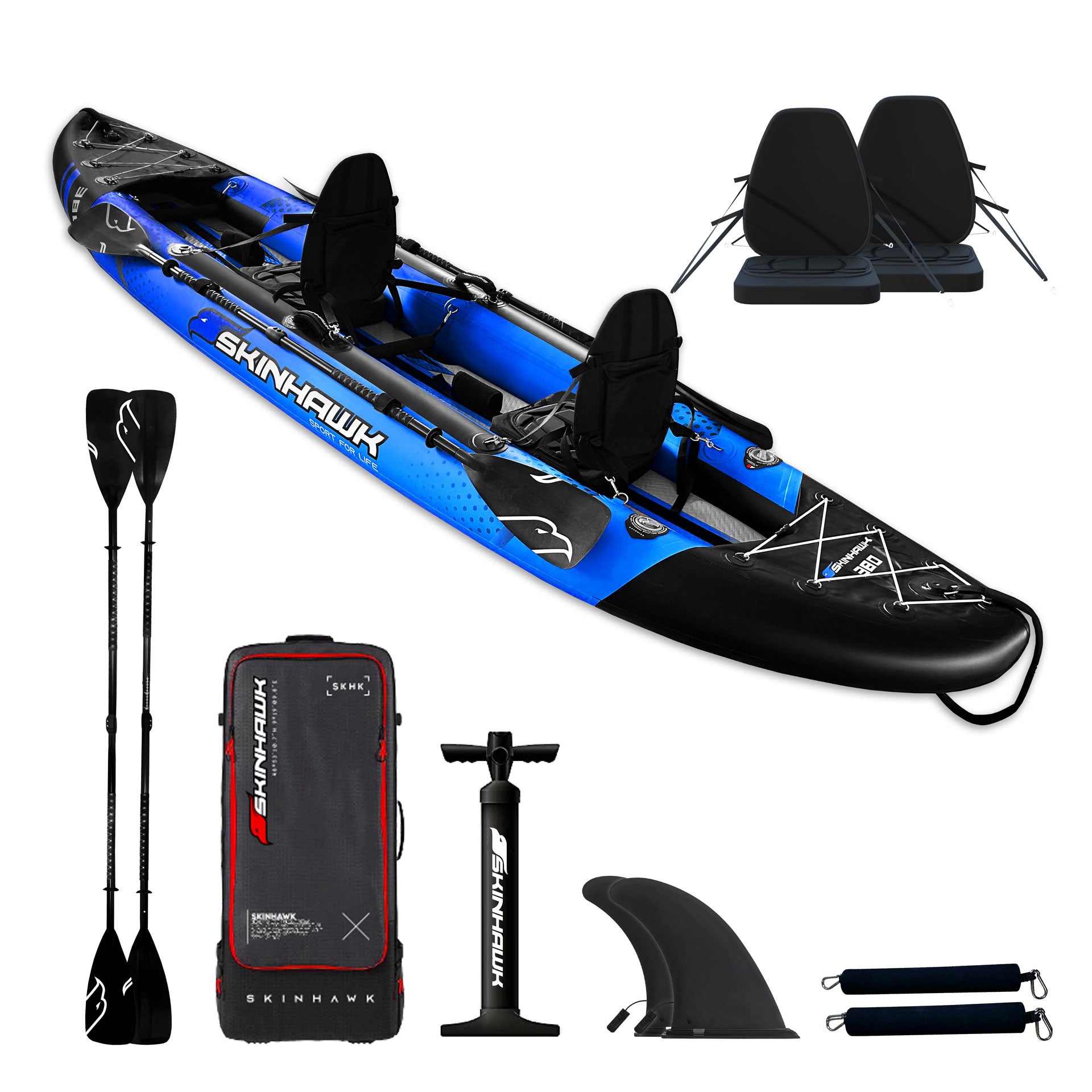 AKTIONSWARE!!! SKINHAWK EXCLUSIV ZWEIER KAJAK MIT ALU PADDEL 380CM X 96CM BLAU