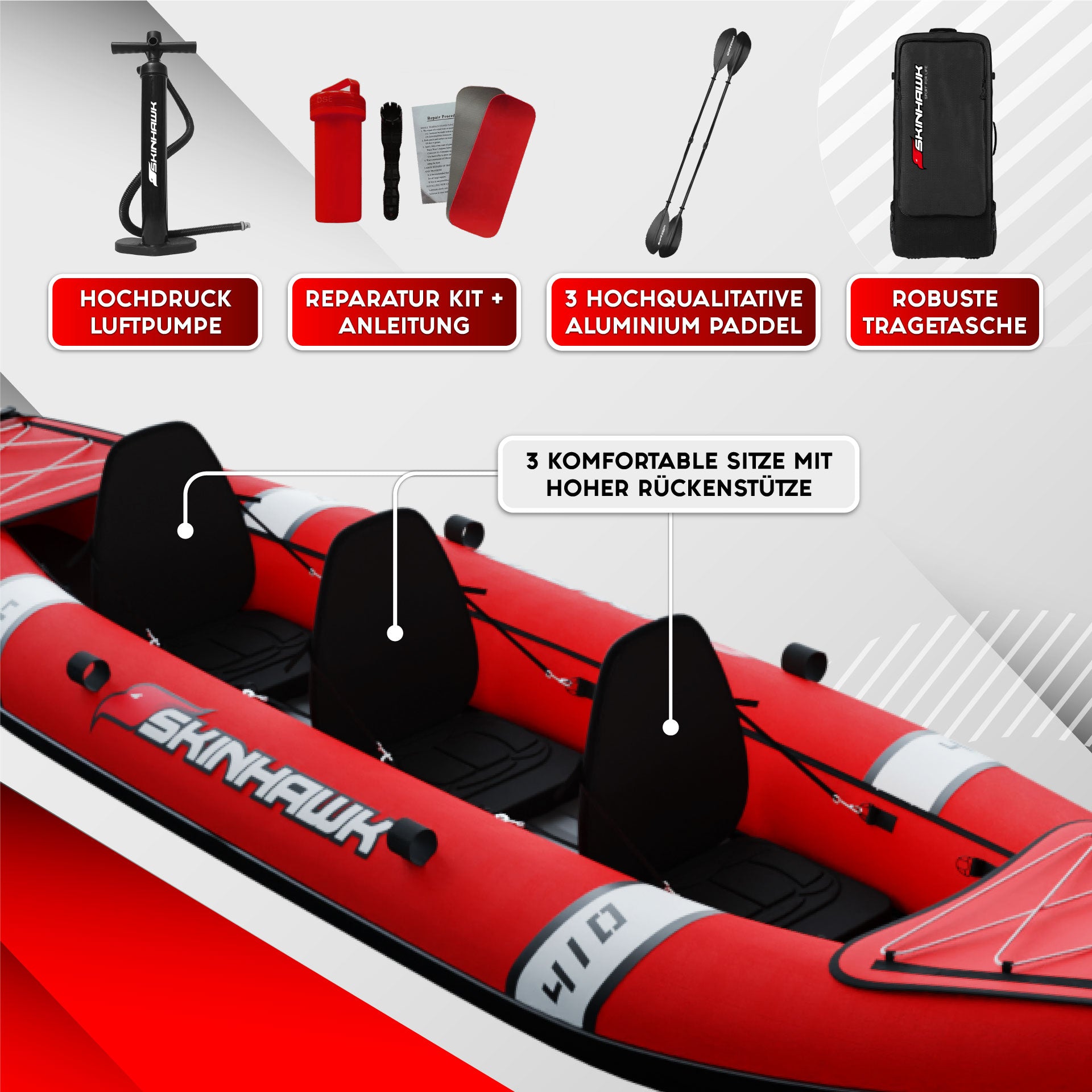 SKINHAWK Classic Kayak Rosso Canoa gonfiabile 410 per 3 persone