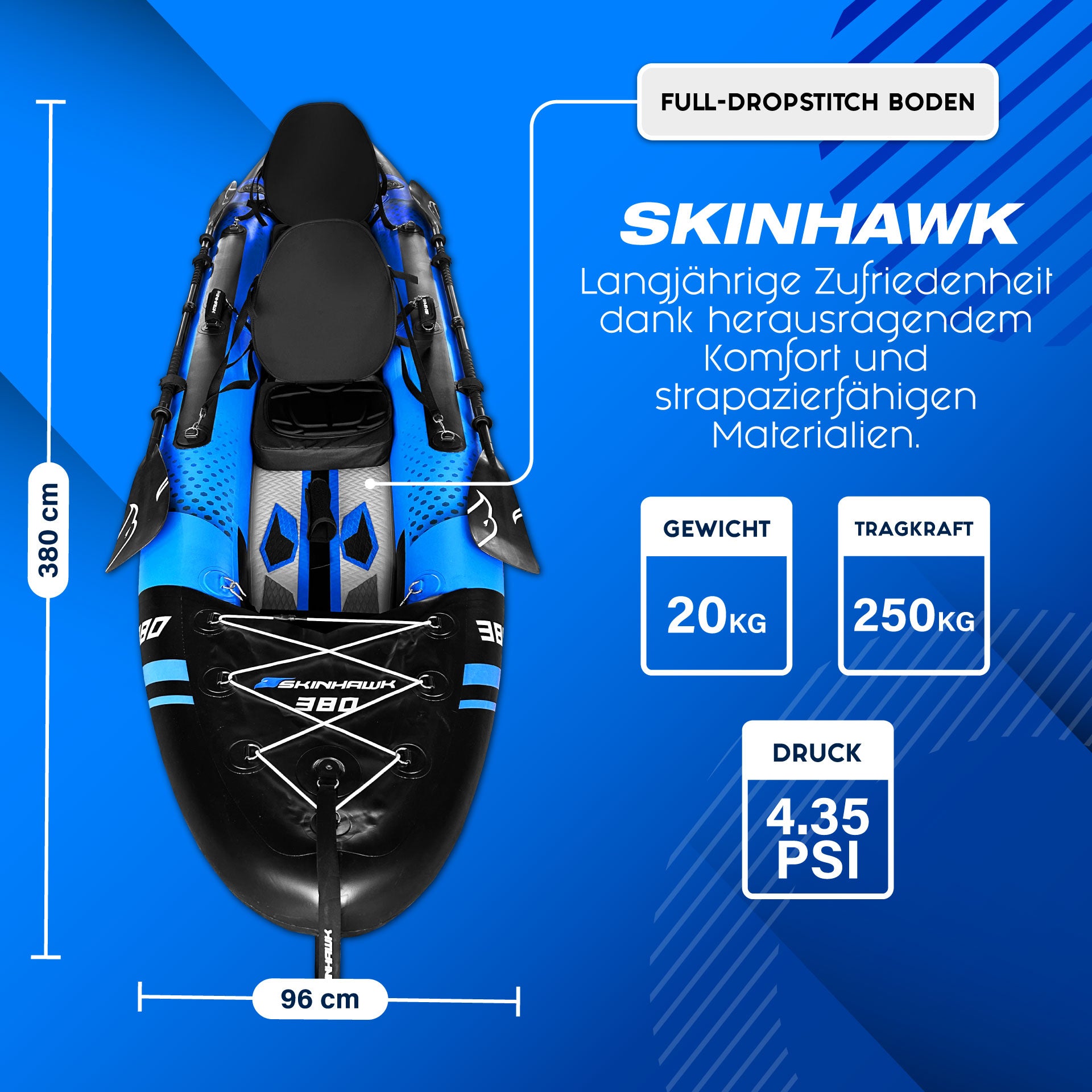 AKTIONSWARE!!! SKINHAWK EXCLUSIV ZWEIER KAJAK MIT ALU PADDEL 380CM X 96CM BLAU
