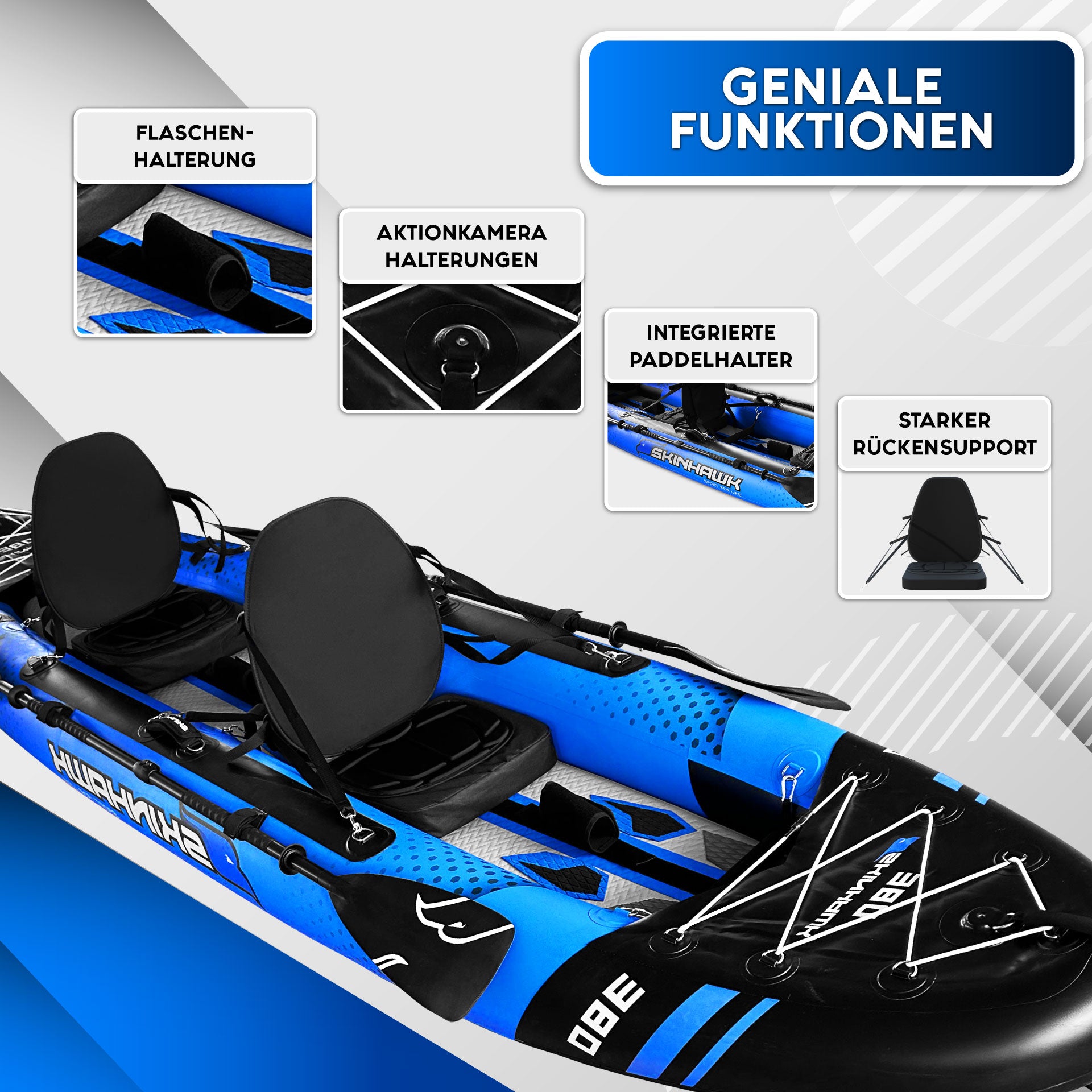 AKTIONSWARE!!! SKINHAWK EXCLUSIV ZWEIER KAJAK MIT ALU PADDEL 380CM X 96CM BLAU