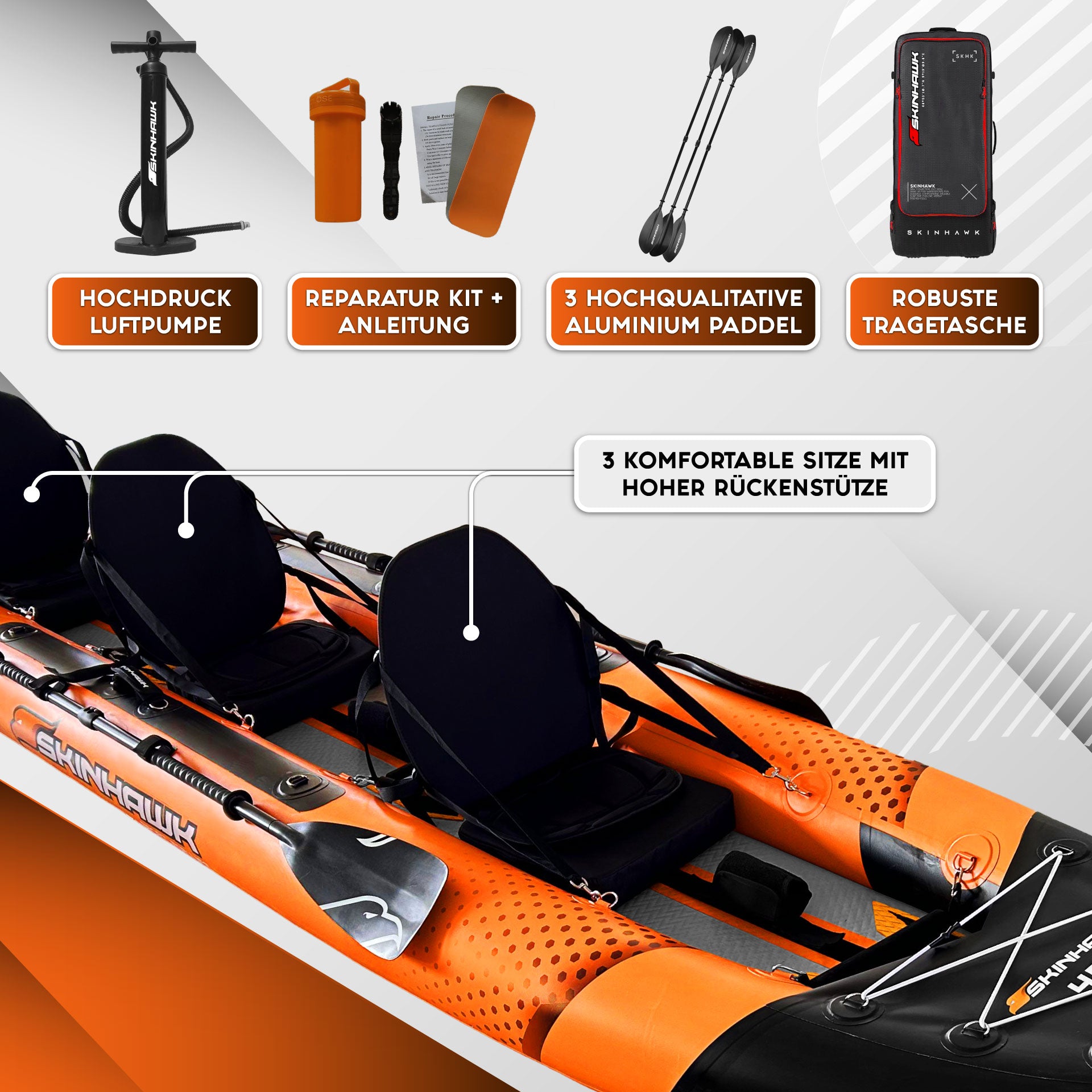 SKINHAWK EXCLUSIVE TRIPLE KAYAK 480CM X 96CM ORANGE