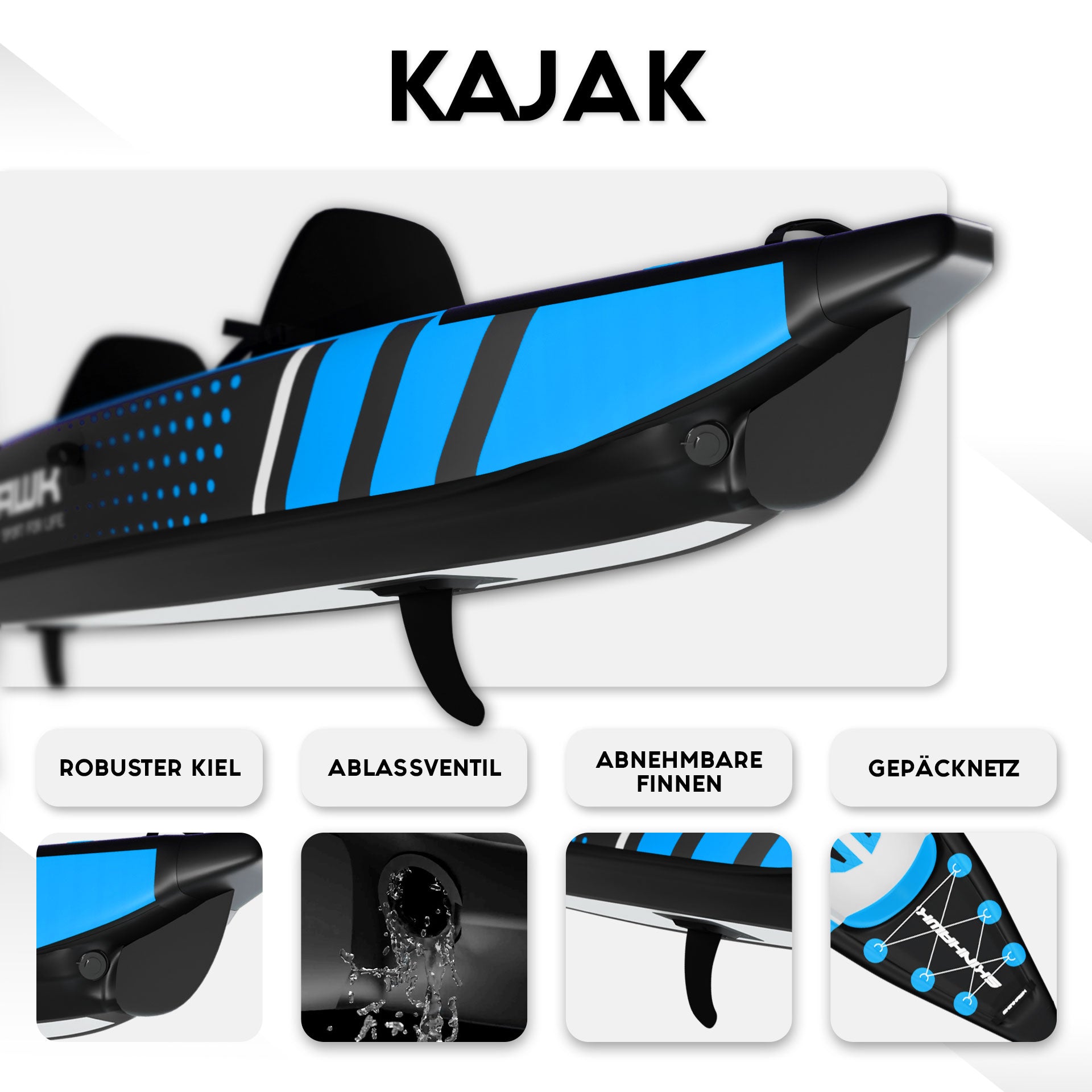SKINHAWK Premium Full Drop Stitch Blue Kayak 385 Inflatable Canoe 385 x 85 cm