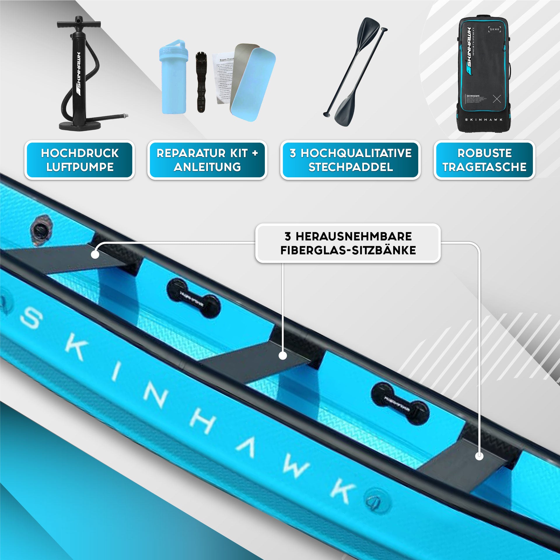 SKINHAWK Premium Full Drop Stitch Canoe 500, 3 person canoe, 500 x 90 x 45 cm Blue