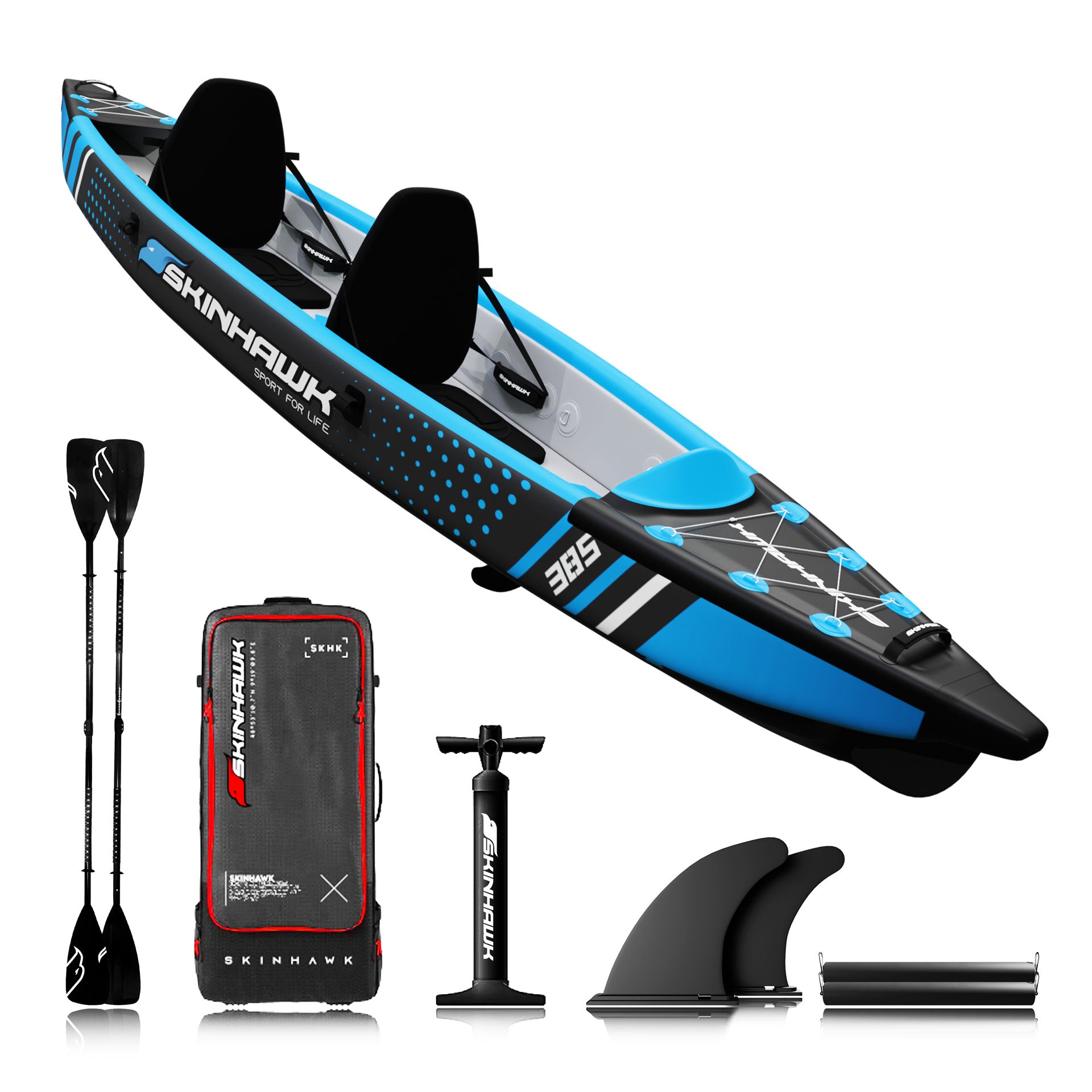 PROMOTIONAL OFFER!!! SKINHAWK PREMIUM KAYAK FULL DROP-STITCH 385CM X 85CM BLUE WITH ALUMINUM PADDLE