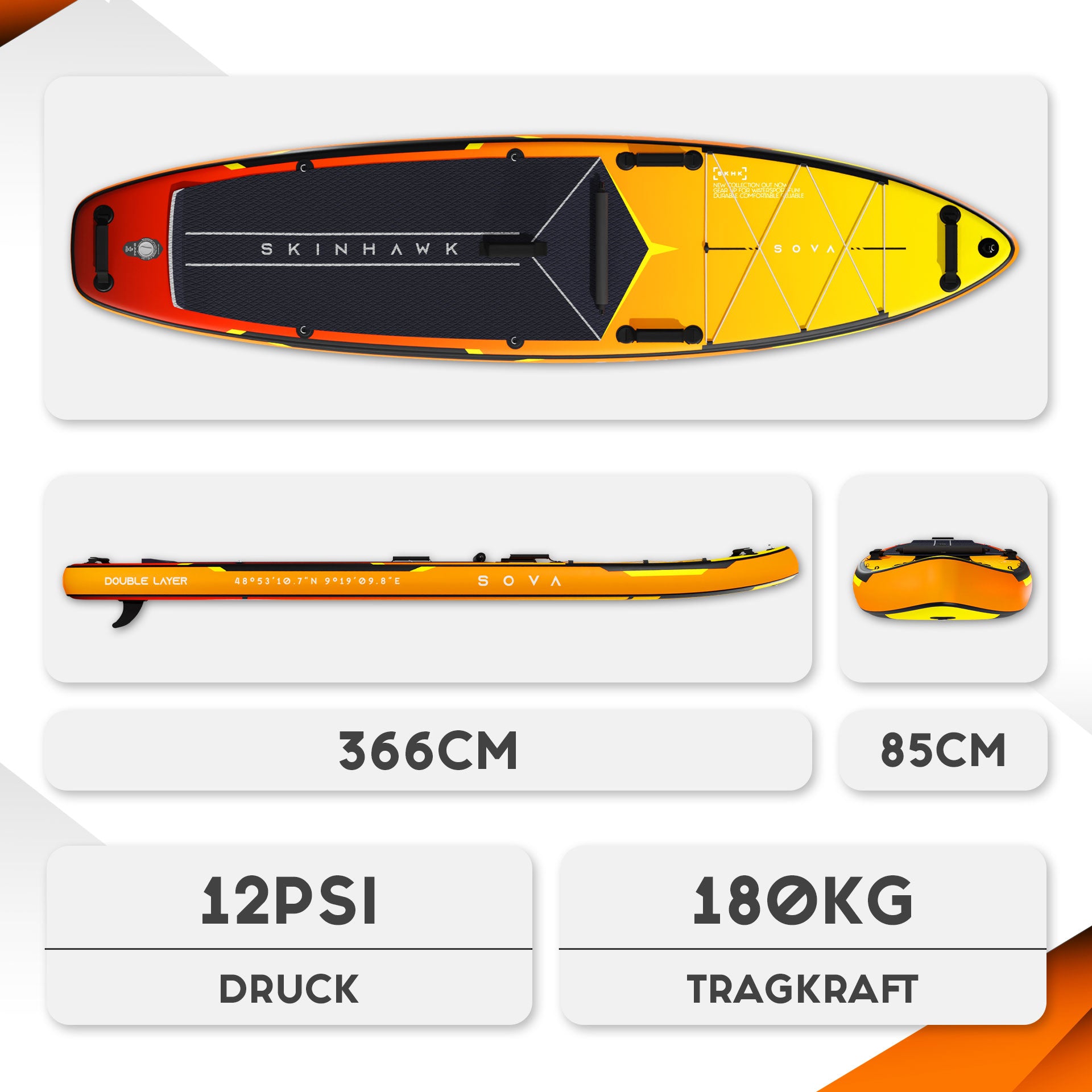 SKINHAWK SOVA12 SUP Board Set 366 x 85 x 15cm ORANGE