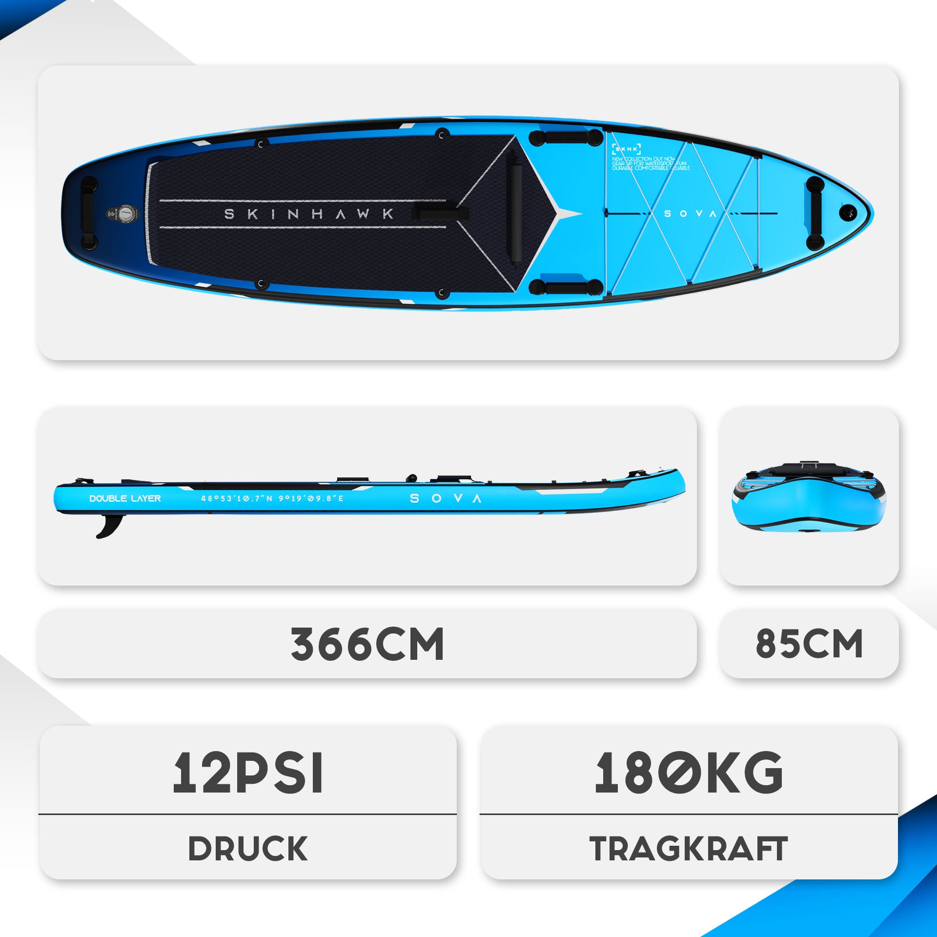 SKINHAWK SOVA12 SUP Board Bleu Set 366 x 85 x 15cm