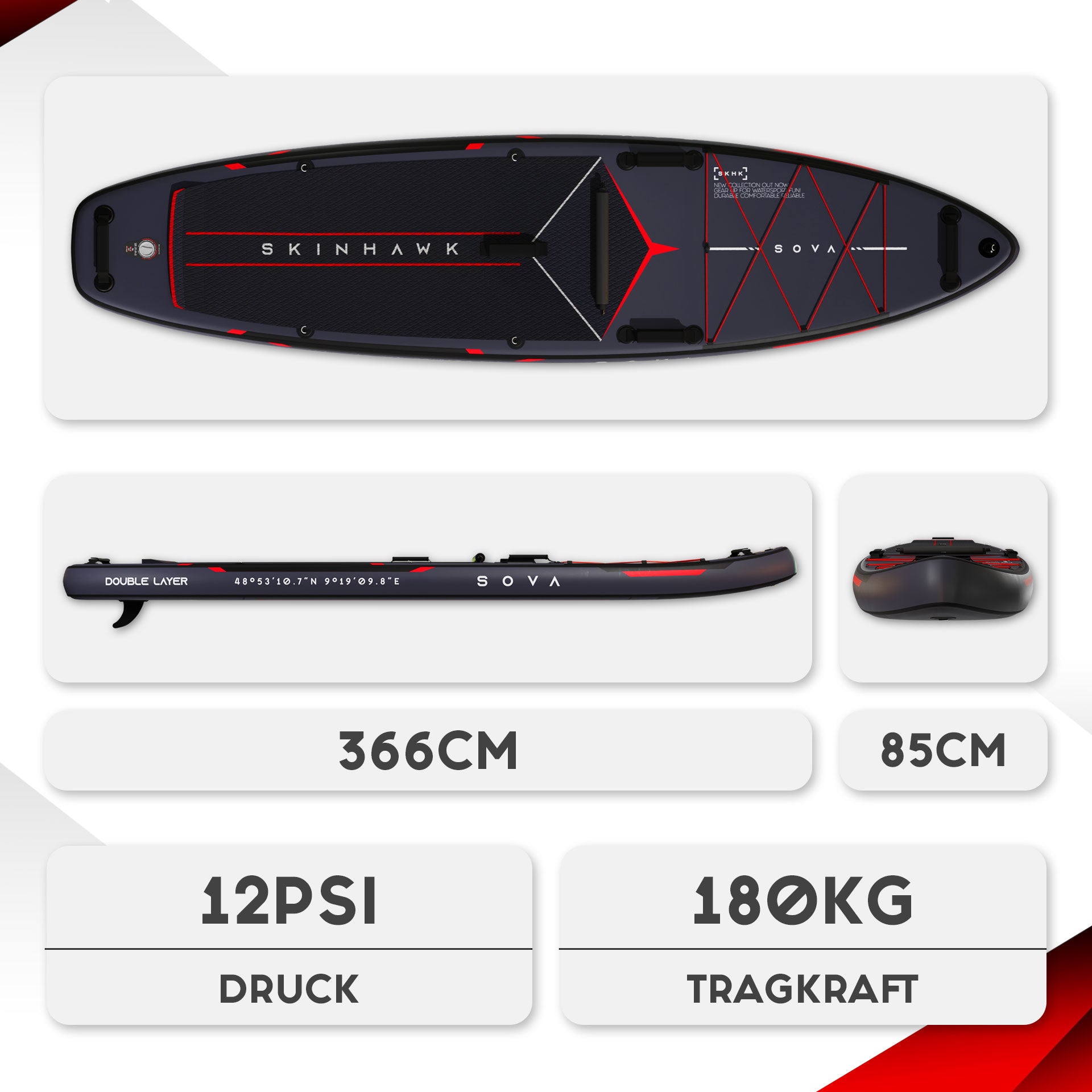 SKINHAWK SOVA12 SUP Board Set 366 x 85 x 15cm SCHWARZ