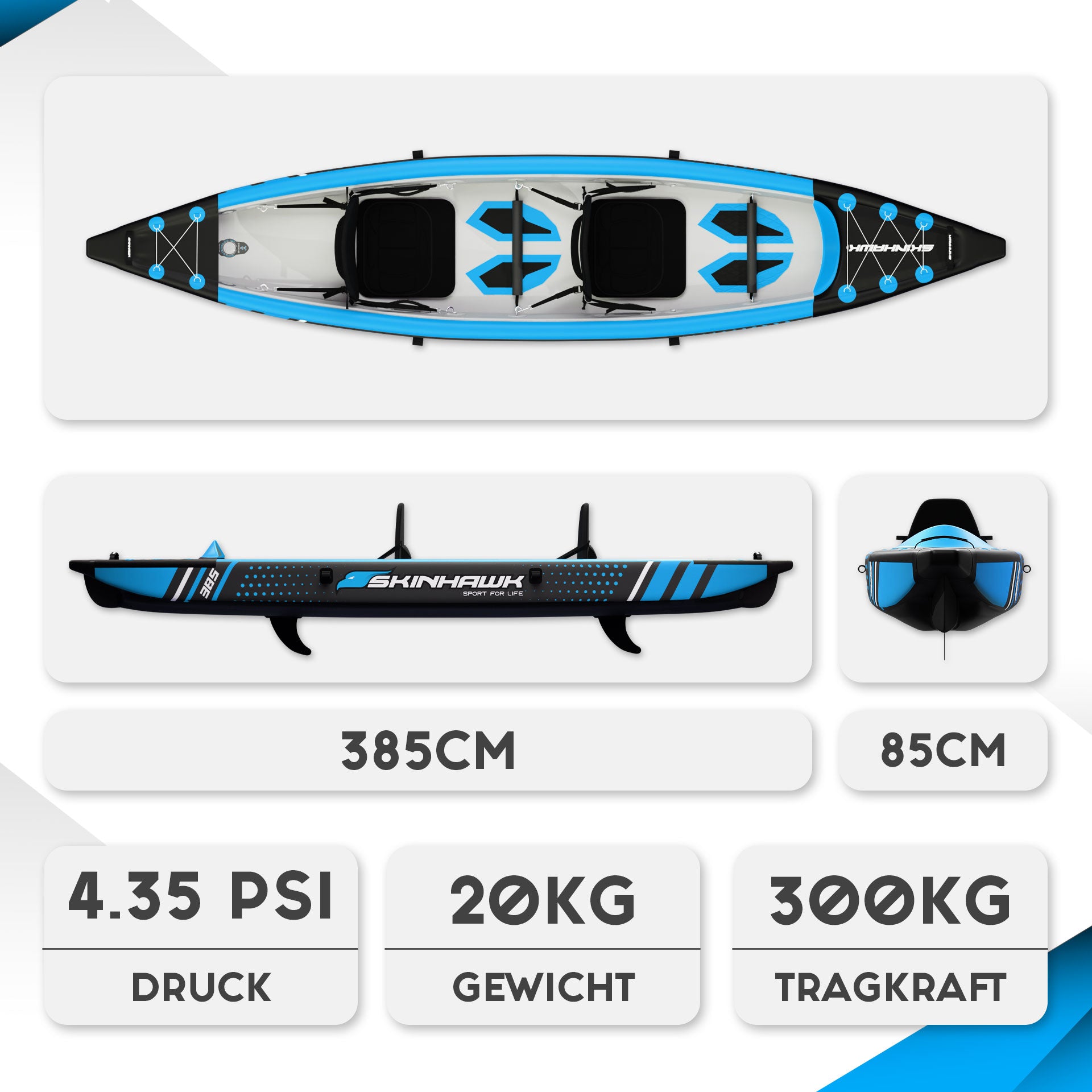 PROMOTIONAL OFFER!!! SKINHAWK PREMIUM KAYAK FULL DROP-STITCH 385CM X 85CM BLUE WITH ALUMINUM PADDLE