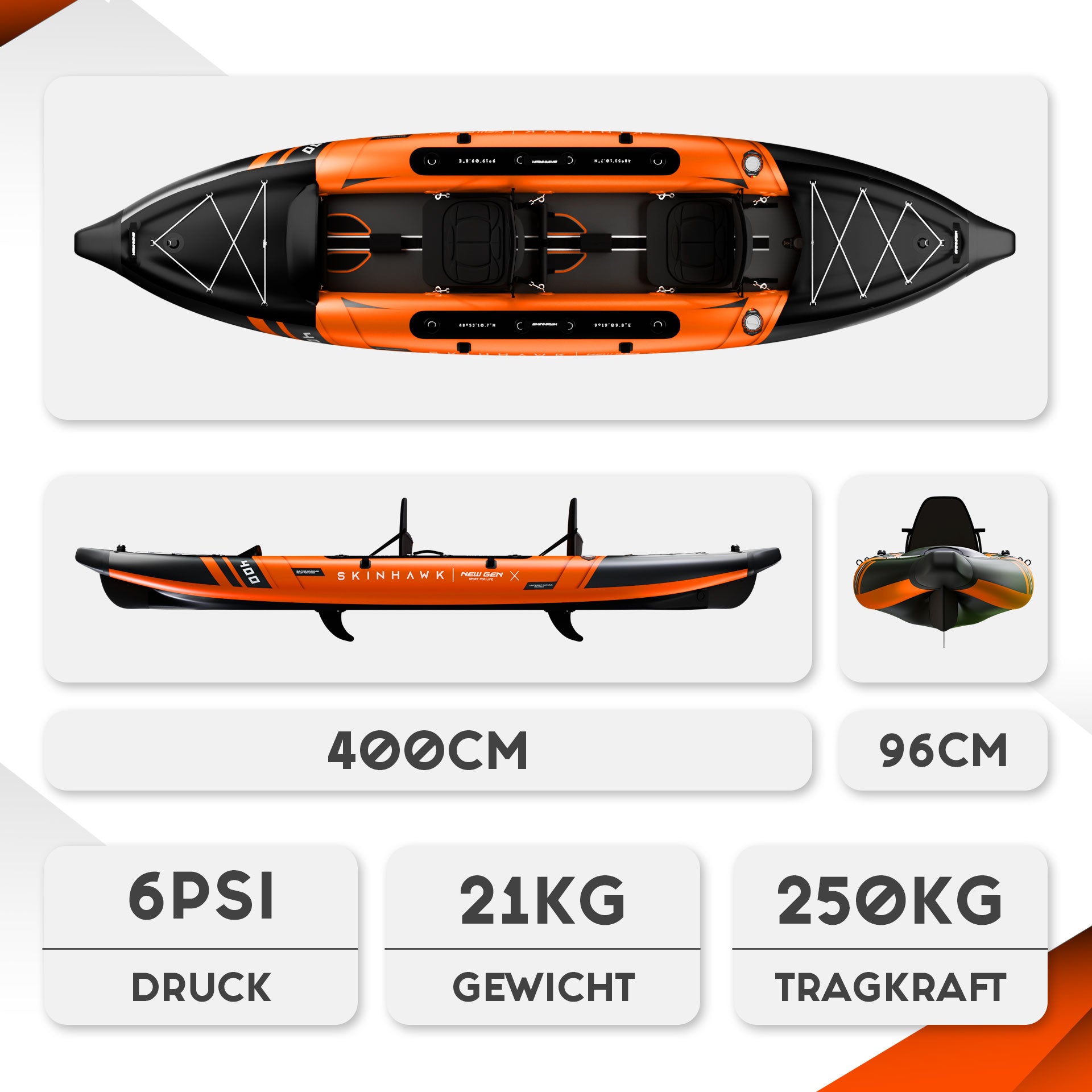SKINHAWK PRESTIGE ZWEIER KAJAK 400CM X 96CM ORANGE