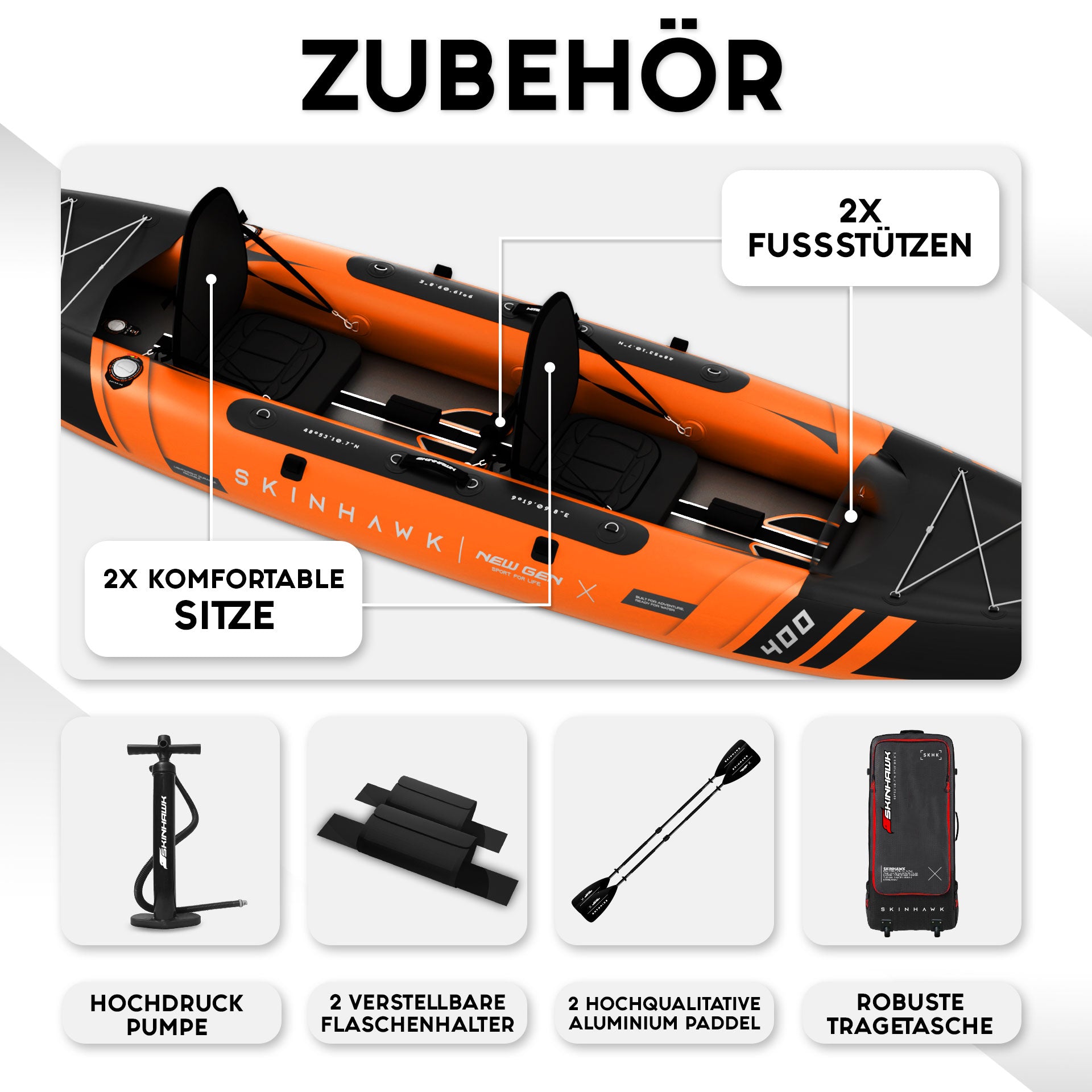 SKINHAWK PRESTIGE ZWEIER KAJAK 400CM X 96CM ORANGE