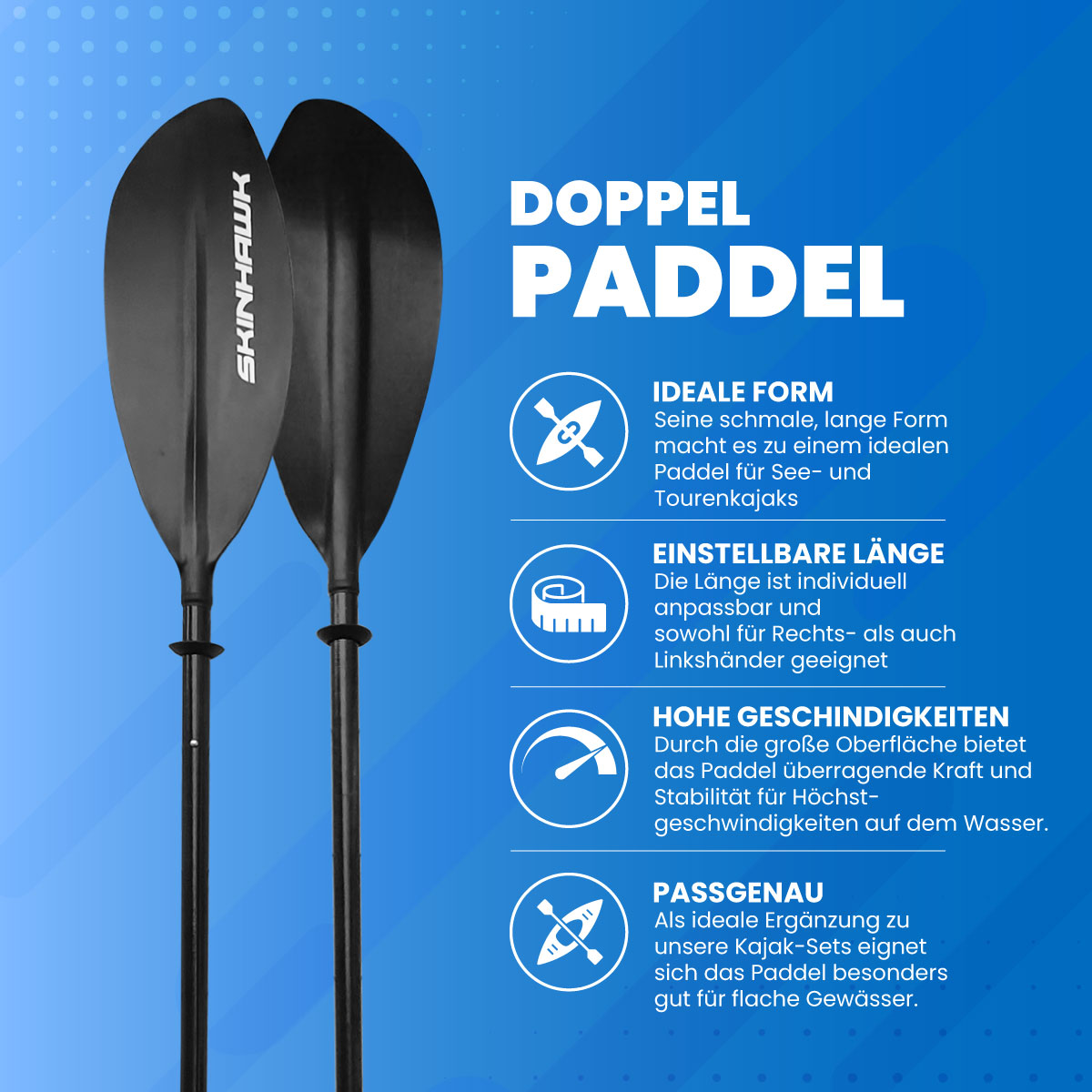 Pagaie double Skinhawk fibre de verre/carbone pour kayak 4 pièces