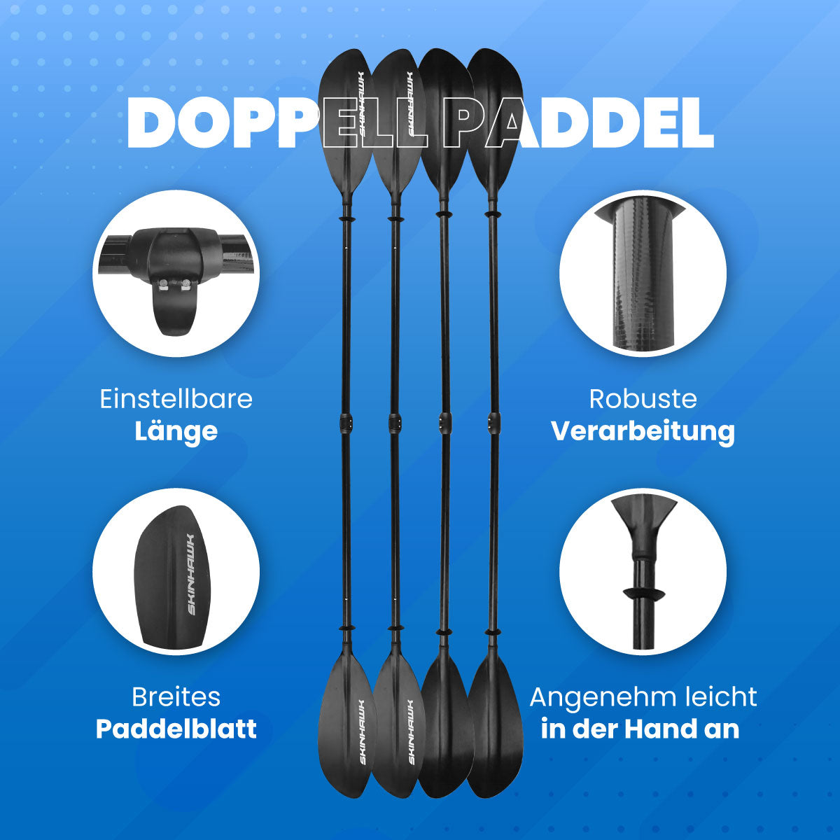 Pagaie double Skinhawk fibre de verre/carbone pour kayak 4 pièces