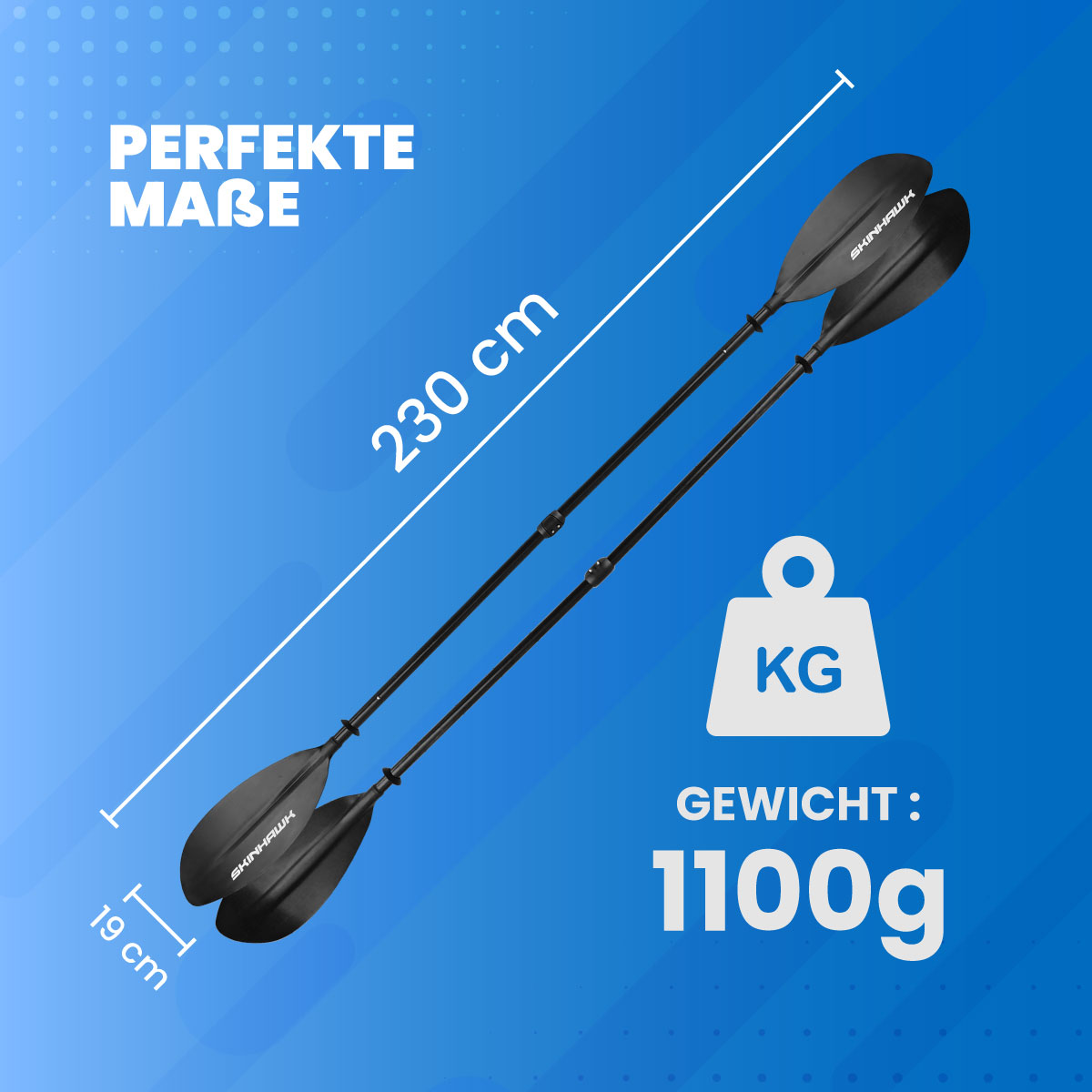 Pagaie double Skinhawk fibre de verre/carbone pour kayak 4 pièces