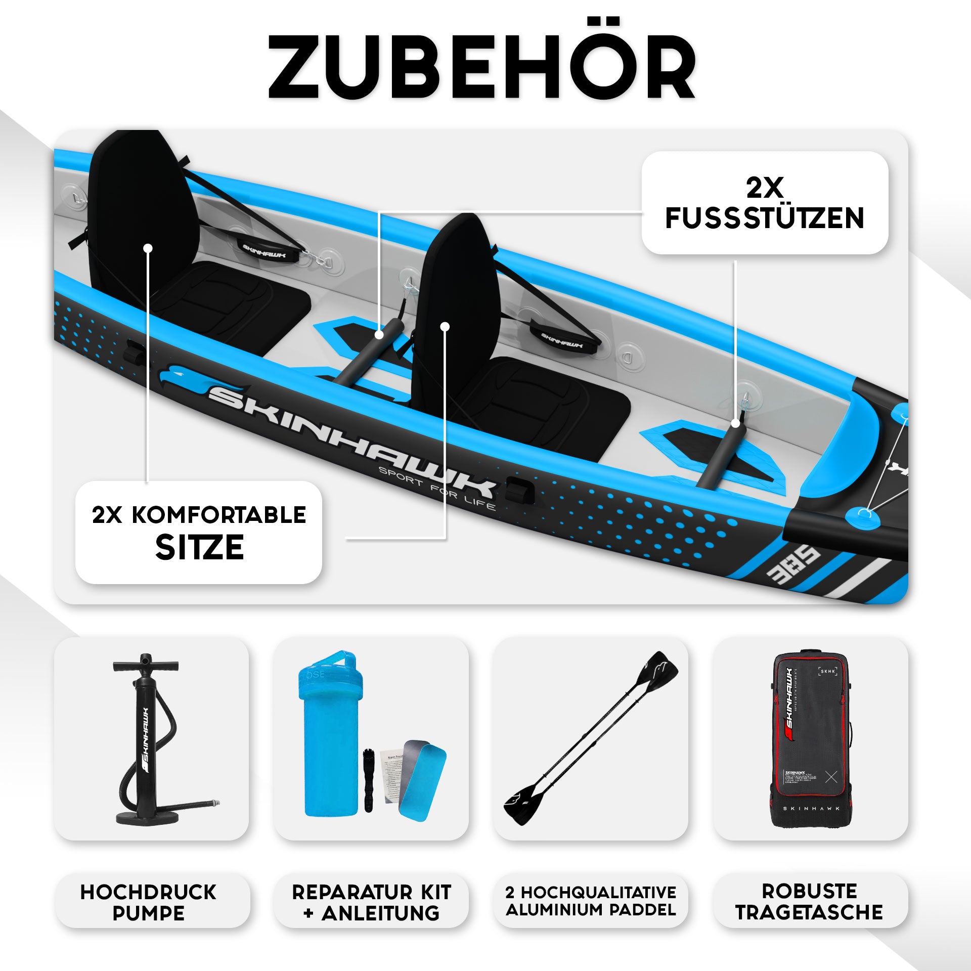 PROMOTIONAL OFFER!!! SKINHAWK PREMIUM KAYAK FULL DROP-STITCH 385CM X 85CM BLUE WITH ALUMINUM PADDLE
