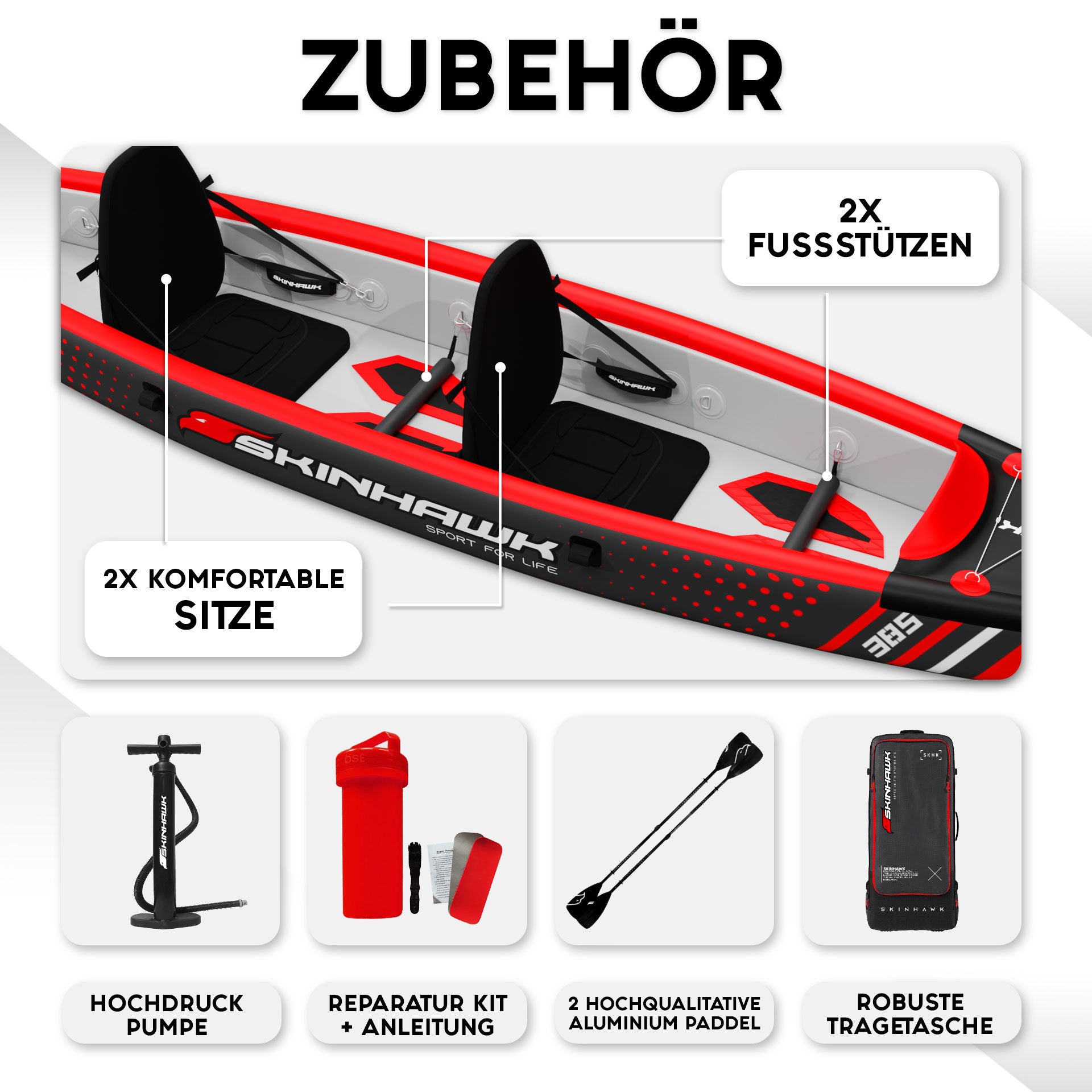 ACTIEARTIKEL!! SKINHAWK KAJAK PREMIUM FULL DROP STITCH 385CM X 85CM ROOD MET ALUMINIUM PADDEN