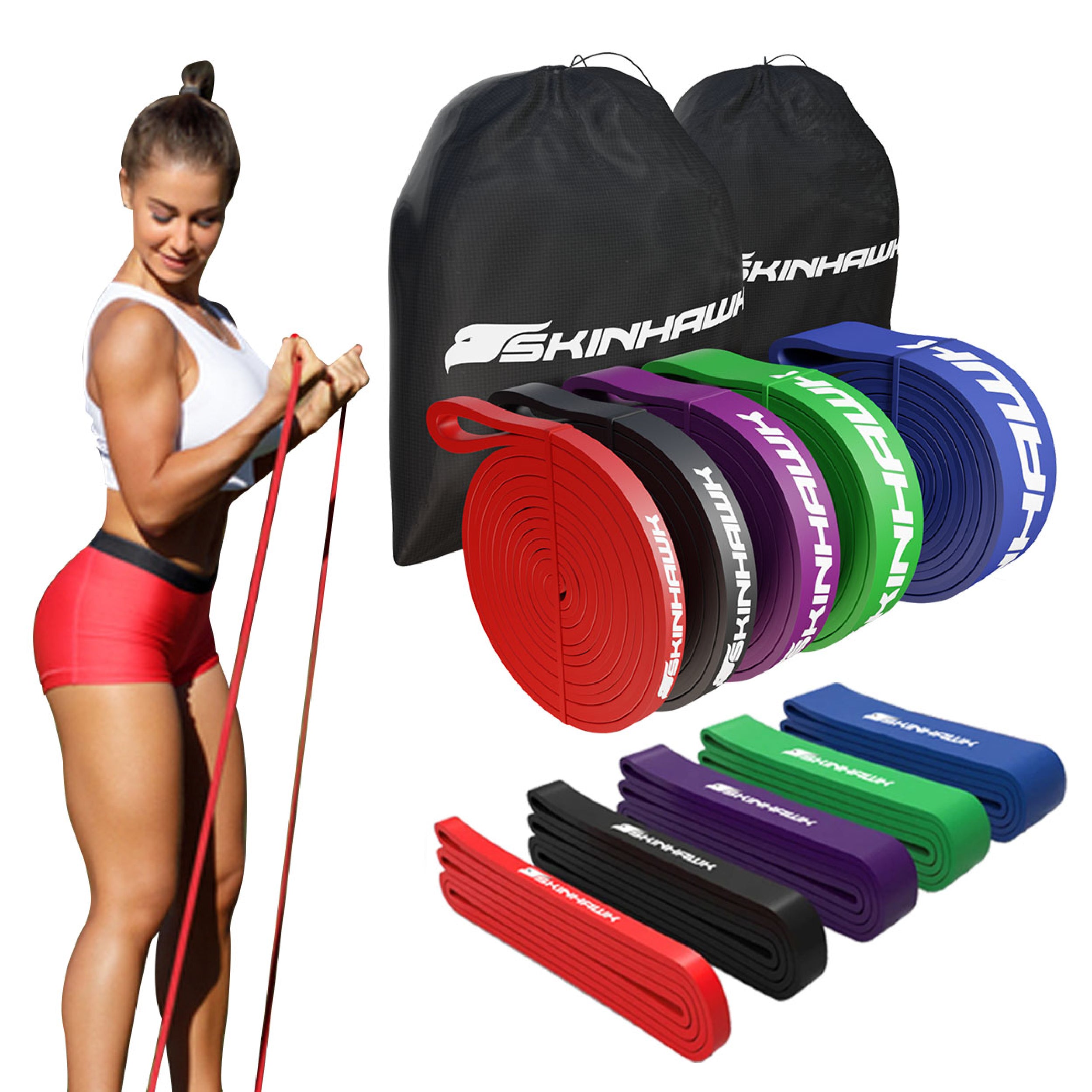 Skinhawk SET 100% Bande Fitness di qualità (7-79 kg) Bande di Resistenza